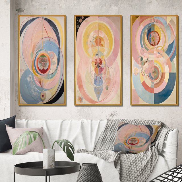 Designart "Synchronicity Pink Vintage Spiritual Retro Art III" Abstract Painting Framed Wall Art Set Of 3 - Pink Modern Frame Gallery Wall Set For Home Decor
