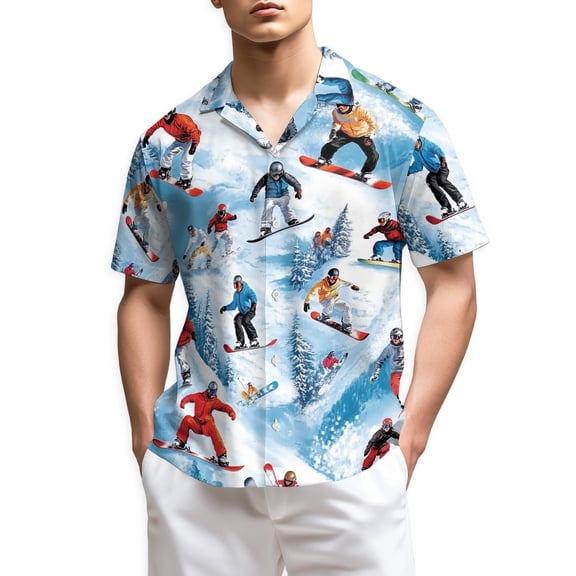 Netecom Snowboarding Passion Skiing Hawaiian Shirt for Men, Winter Sports Style, Button Down Summer Beach Short Sleeve, Sizes S-5XL