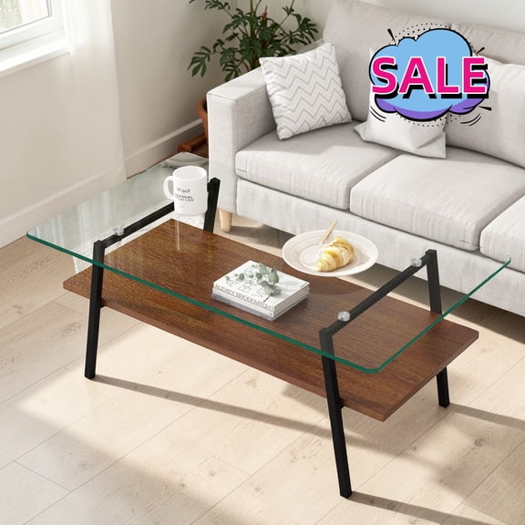 Hassch 38.5" Rectangle Coffee Table with Glass Top, 2-Tier Cocktail Table with Metal Legs, Center Table for Living Room, Brown