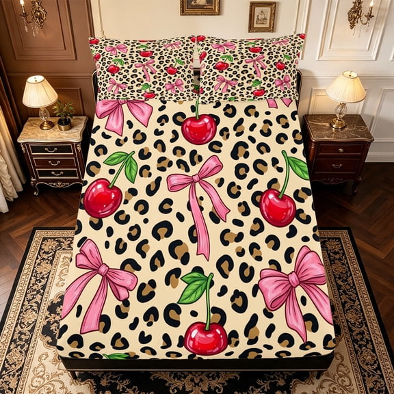 Manfei Cute Bow Cherry Fitted Sheet Full,Brown Cheetah Print Bed Set,3pcs,1 Fitted Sheet and 2 Pillowcases