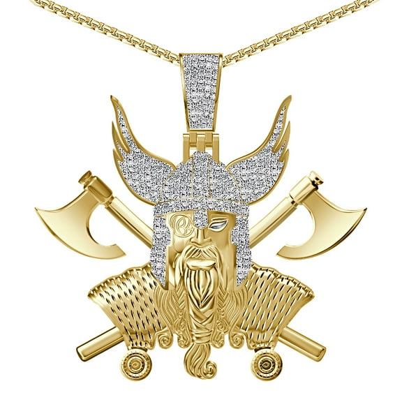 Real Genuine Diamond 0.85 Cwt. 35 Grams Nordic Viking Norse Pagan God Odin Runes Amulet Mythology Pendant 10K Yellow Gold Over Charm Chain 2.25''