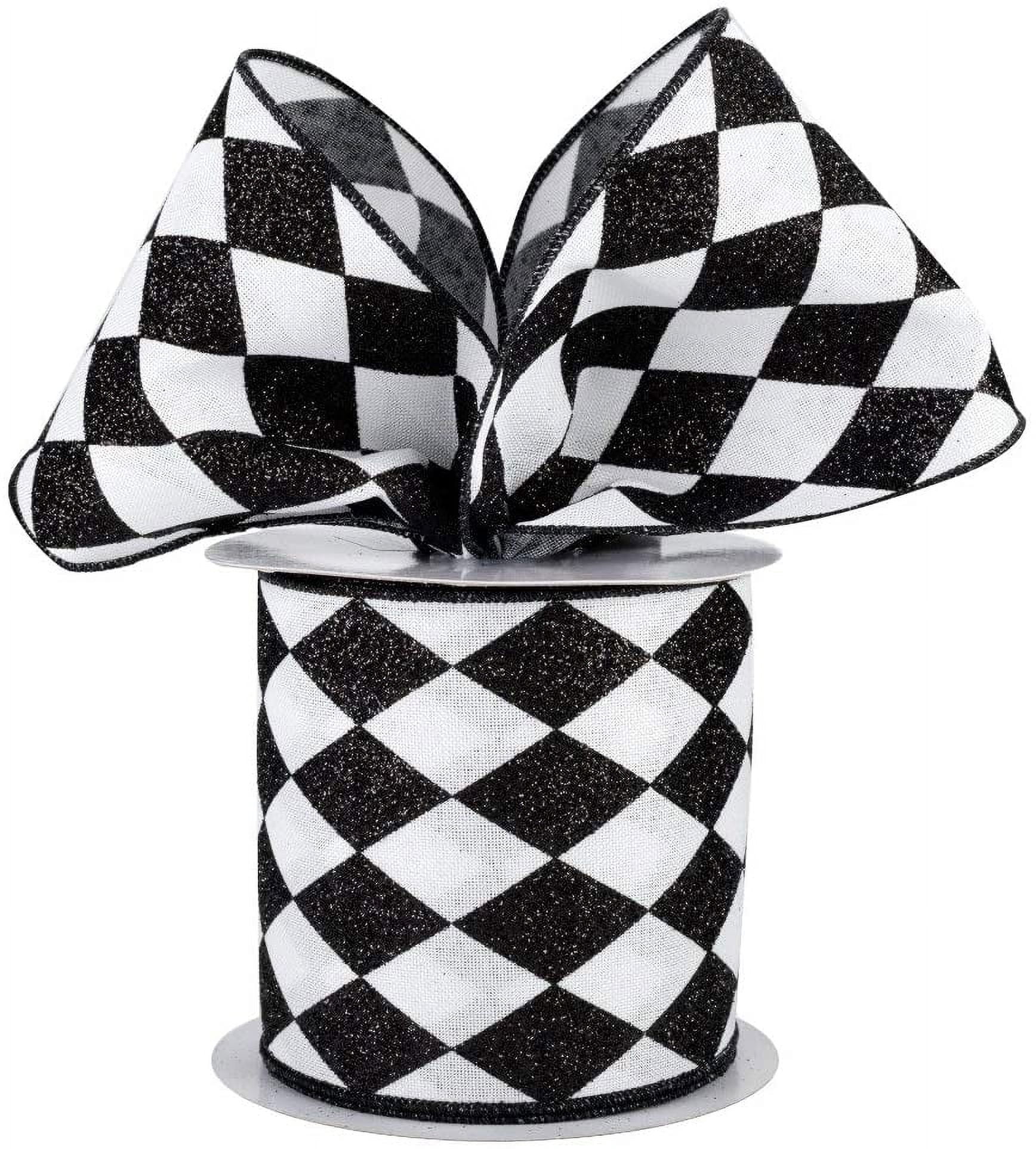 Black White Diamonds Harlequin Ribbon - 4" x 10 Yards, Argyle, Black Wire Edged, Valentine's Day, Mardi Gras Wedding, Gift Wrapping, Wreath Decoration, Garland, Tree Topper Bow, Halloween, Christmas
