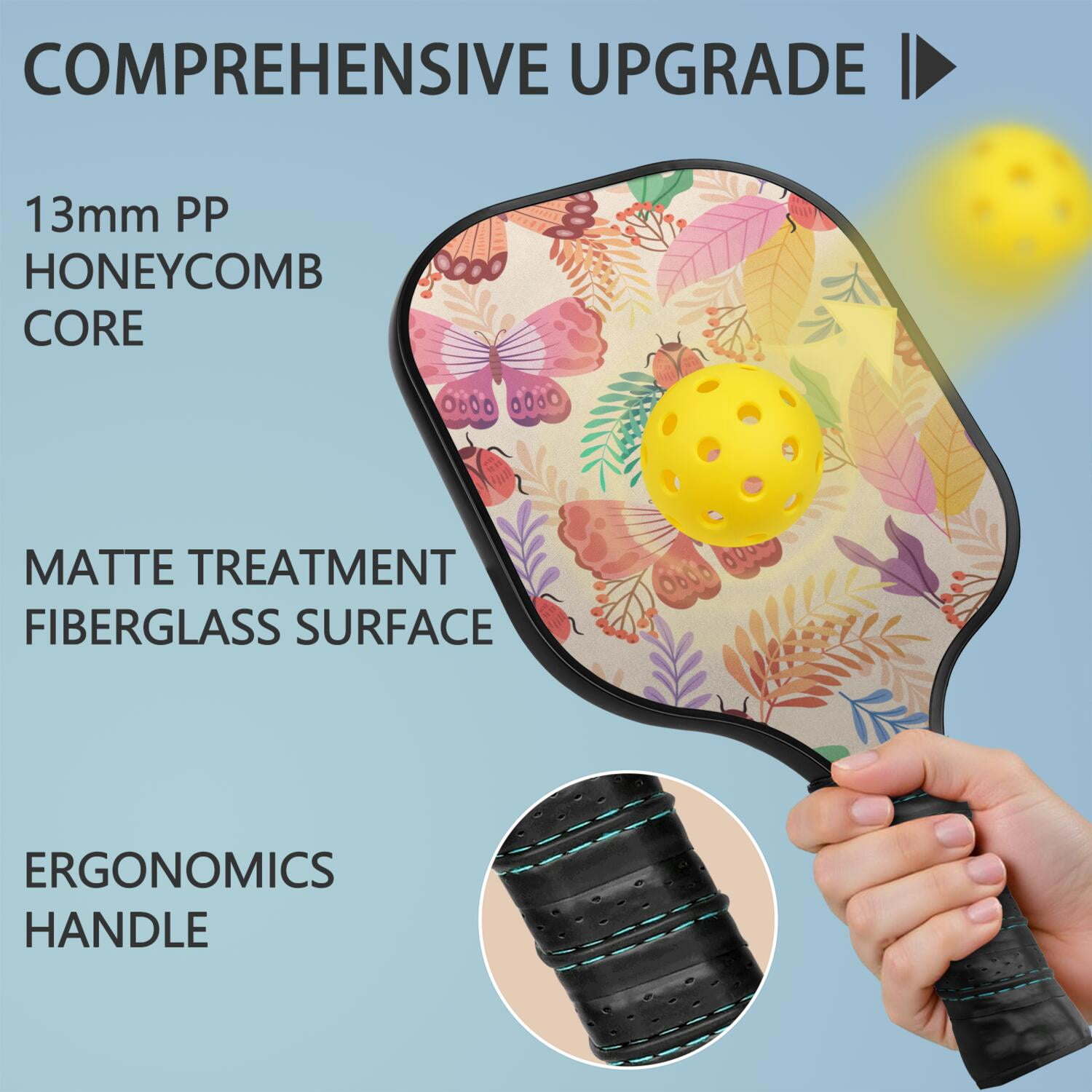 Pickleball Paddles Set Of 2, Fiberglass Surface, Butterfly, Spring Print, 4 Balls & Bag