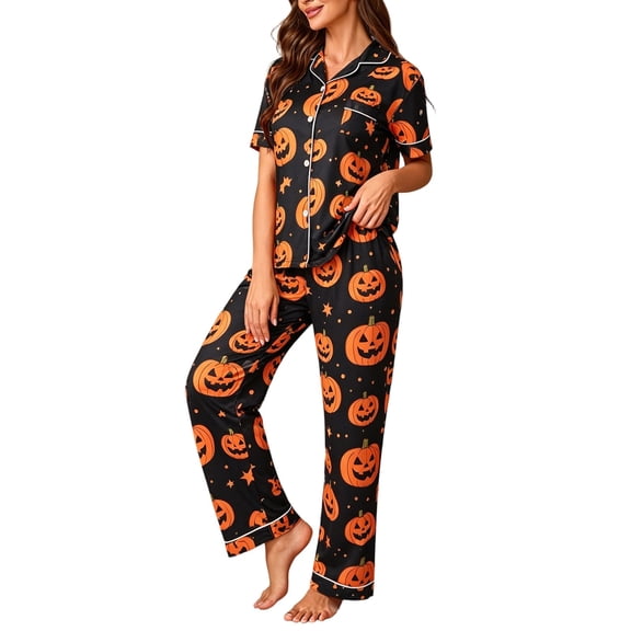 RMGVDSD Halloween Pajamas for Women Set Button Down Sleepwear Cute Print Pajama Sets 2 Piece Short Sleeve Top and Long Pants Loungewear