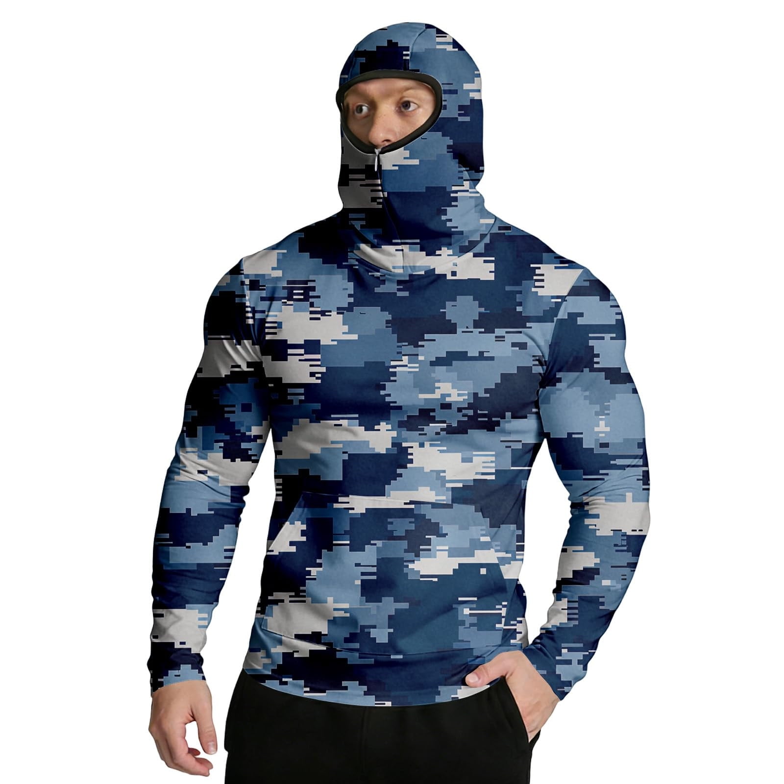 DPTALR Men s Digital Camo Balaclava Hooded Shirt,UPF 50+ Sun Protection Face Cover,Quick Dry Long Sleeve Top,with Thumb Holes,for Hunting,Hiking Multicolor Big Men s Tall Men s L