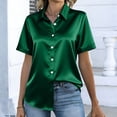 thumbnail image 4 of Women's Satin Blouse Tops Shirts Short Sleeve Button Down Solid Color Silk Satin Business Casual Office Work Daily Wear Elegant Dressy 2025 Trendy Regular Fit Shirt Green B XL, 4 of 7