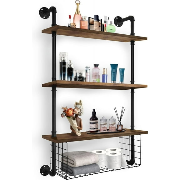 Industrial Pipe Shelving 3 Tiers 24in Floating Shelves Wall Mounted with Paper Storage Basket for Bathroom Kitchen Retro Wood Wall Display Bookshelf Storage Rack