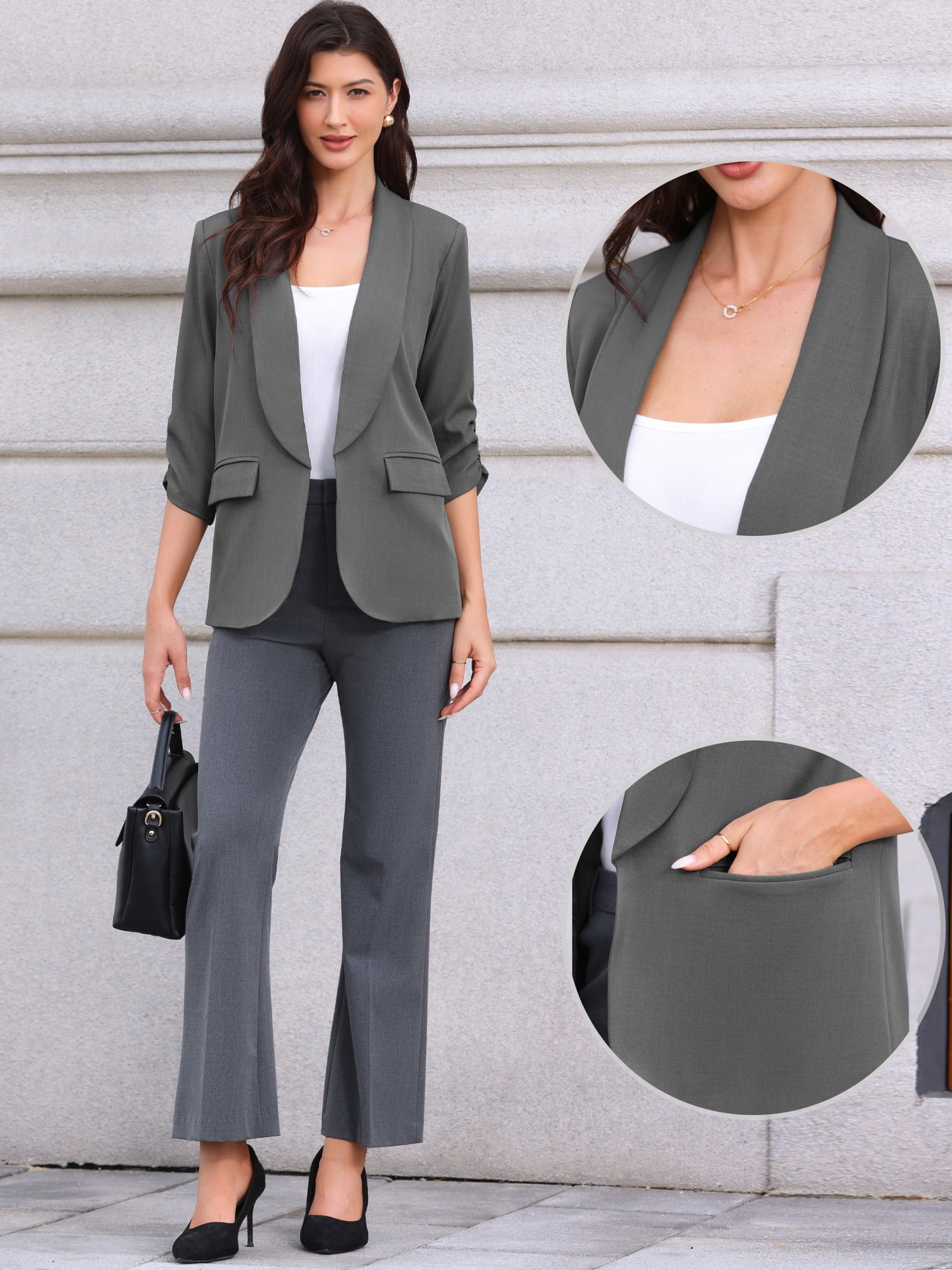DARING DIVA Women's Ruched 3/4 Sleeve Shawl Collar Dressy Suit Jacket L Dark Gray