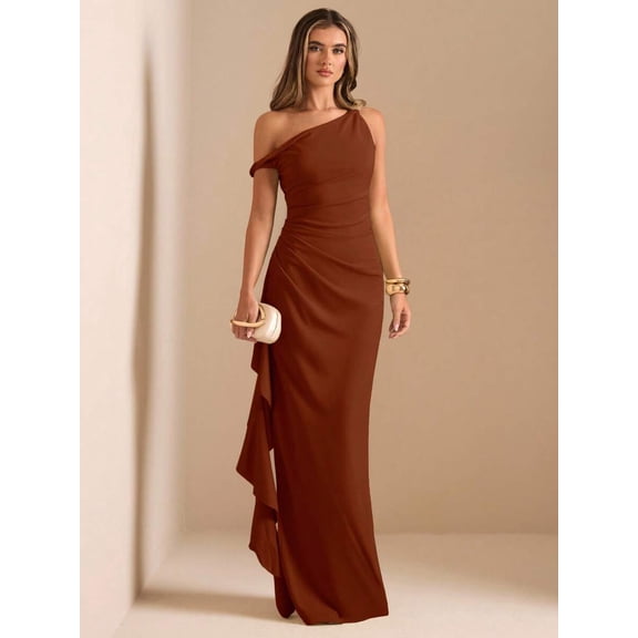 Rust Brown One Shoulder Ruched Wrap Maxi Dress With Asymmetrical Ruffle Hem
