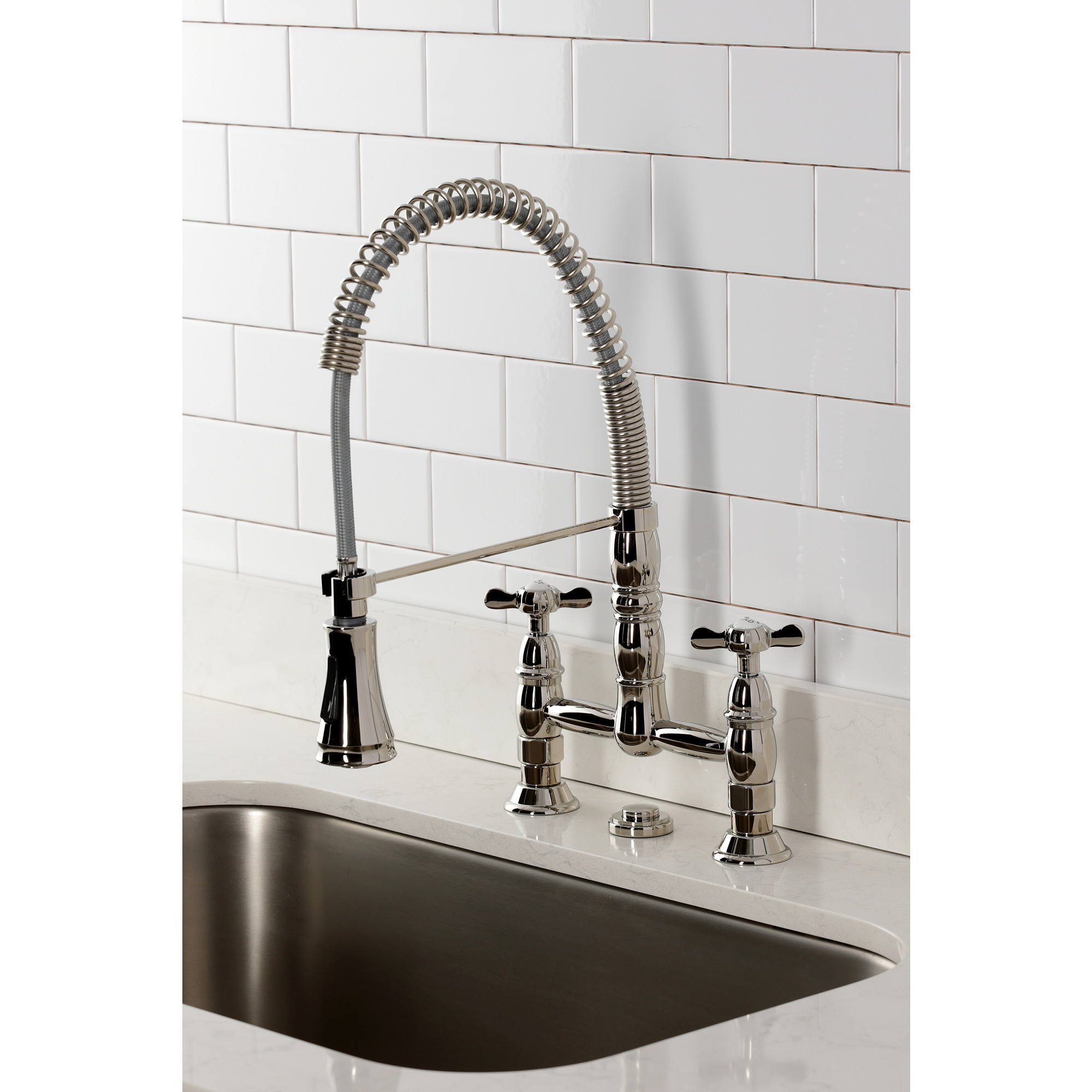 Kingston Brass GS1276BEX Essex Double-Handle 2-Hole Deck-Mount Pre-Rinse Bridge Kitchen Faucet in Polished Nickel