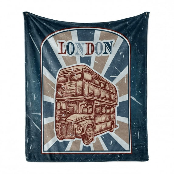Vintage Soft Flannel Fleece Blanket, Emblem with English Bus on Grunge Background Retro Hand Drawn Sketchy Artwork, Cozy Plush for Indoor and Outdoor Use, 50" x 60", Blue Red Beige, by Ambesonne