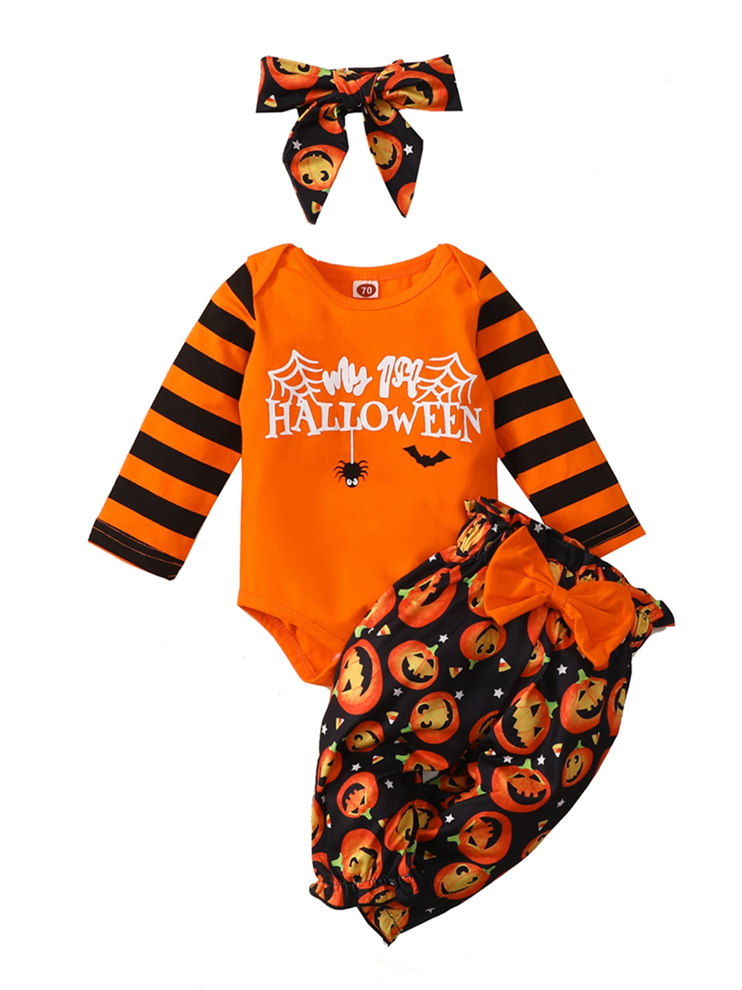Newborn Infant Baby Girls Boys Halloween Stripe Letter Print Jumpsuit Outfits UK 
