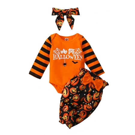 

Canrulo Newborn Baby Girls Halloween Clothes Sets Letter Romper Pumpkin Print Long Pants with Headband Orange 0-6 Months