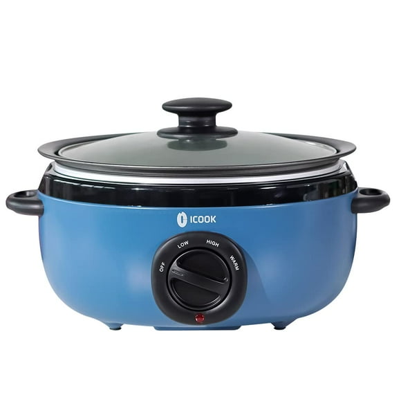 ICOOK USC-65-OP001BL Olla de cocción lenta de 6,5 cuartos, olla de aluminio para dorar/saltear, apta para estufa, apta para lavavajillas, tapa de vidrio, temperatura ajustable, calentador de alimentos