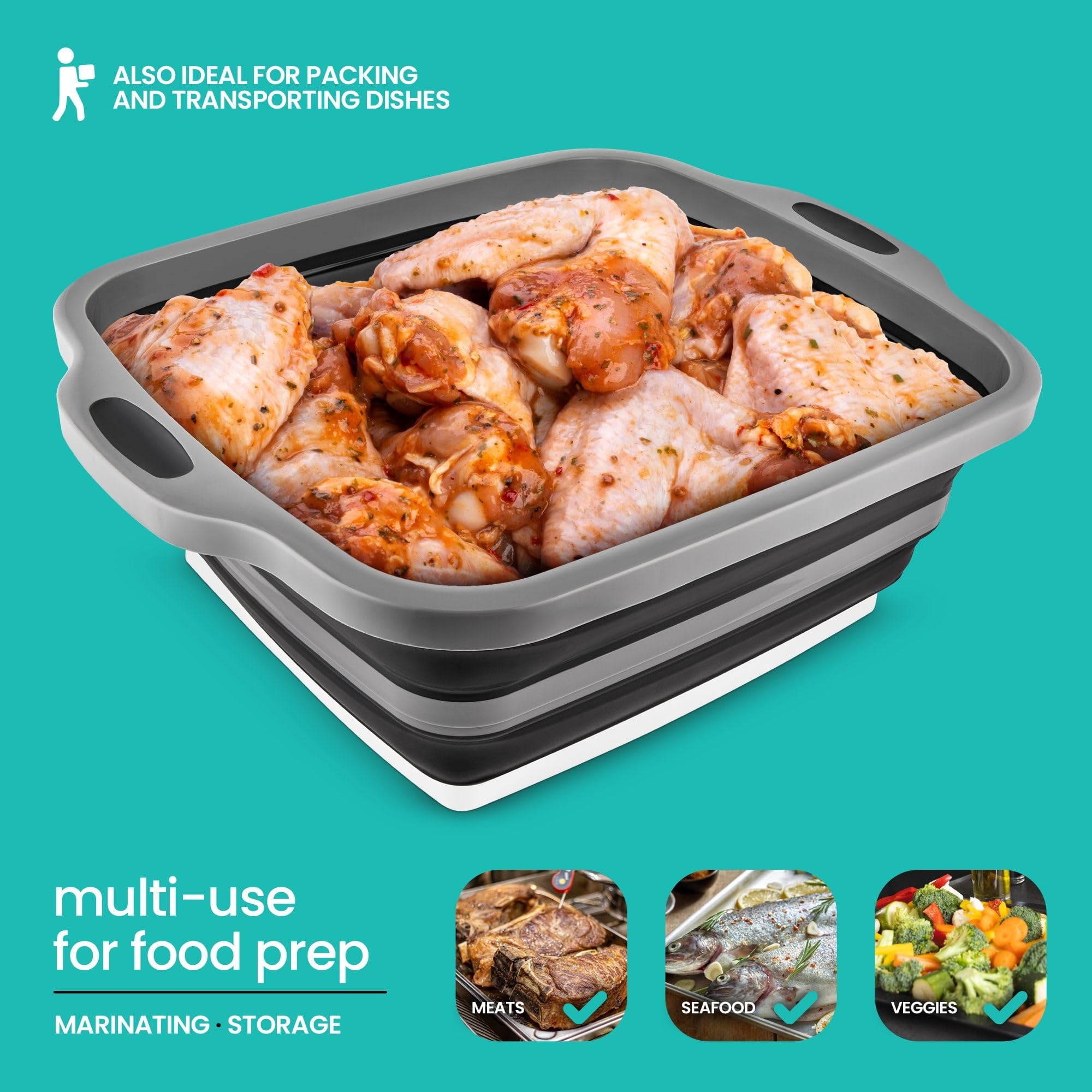 Collapsible BBQ Prep Tub with Lids and Drain Spouts, 3 Pack – Portable Meat Marinating and Grilling Trays, Cutting Board Food Storage Containers for Outdoor Cooking, Camping, Tailgating, Kitchen Prep