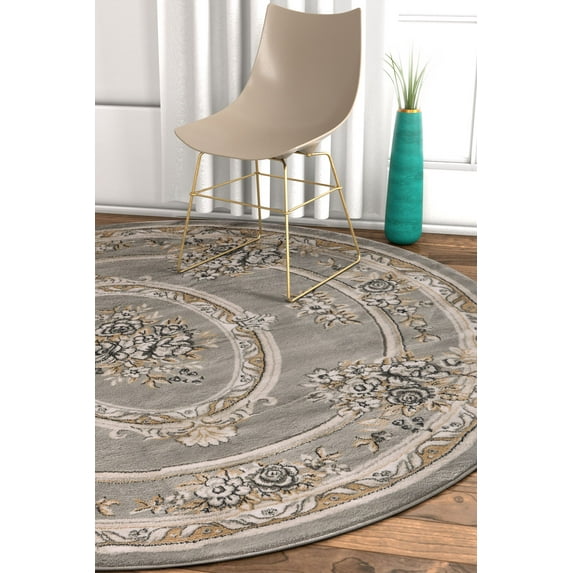 Well Woven Pastoral Medallion Grey French 5 Round (5'3" Round) Area Rug European Floral Formal Traditional Area Rug Easy Clean Stain Fade Resistant Shed Free Modern Classic Thick Soft Plush Rug
