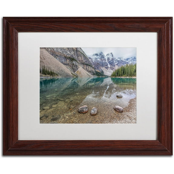 Trademark Fine Art 'Calm Moraine Lake ' Canvas Art by Pierre Leclerc, White Matte, Wood Frame