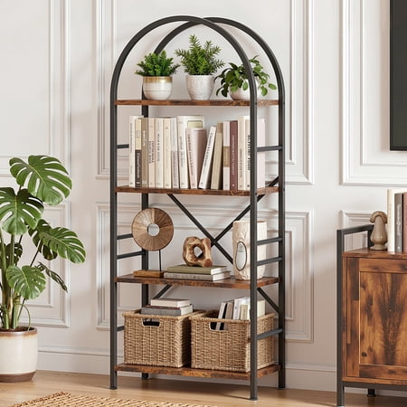 Vongrasig Industrial Arched Bookshelf, 4 Tier Open Bookcase | Sturdy Wood and Metal Display Standing Shelf for Home Office, Living Room, Bedroom, Rustic Brown
