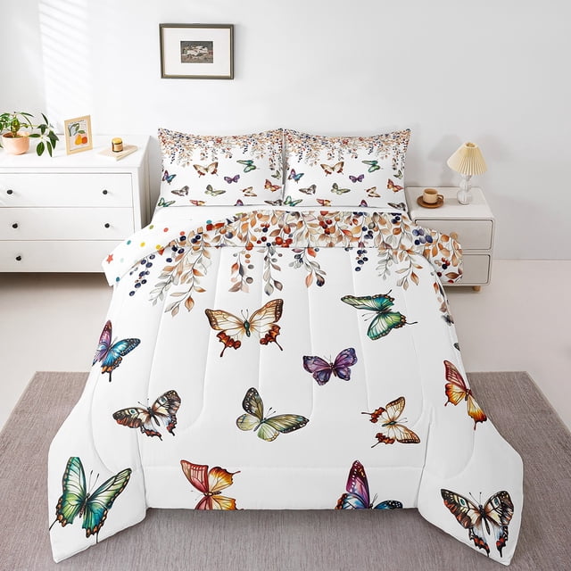 Erosebridal Chic Butterfly Comforter Sets King Size for Girls, Botanical Eucalyptus Down Comforter, Microfiber 3pcs
