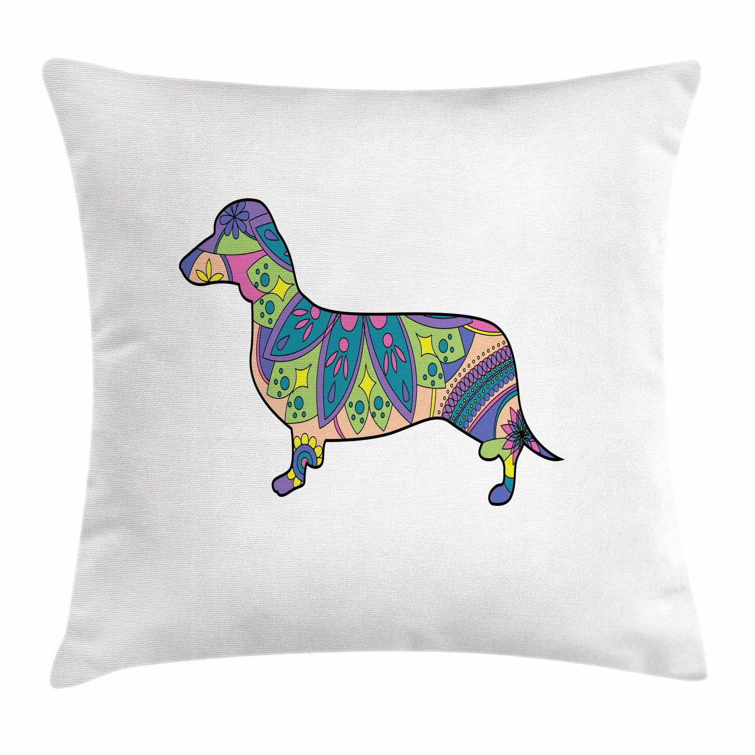 Dachshund Throw Pillow Cushion Cover, Colorful Small Puppy Silhouette