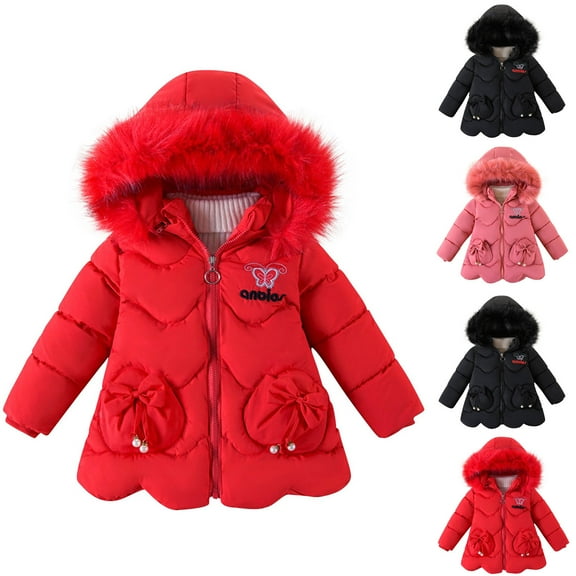 TAGOLD Girls' Outerwear Jackets 3-8 Years Winter Fleece Lined Thickened Solid Print Coat with Removable Hood