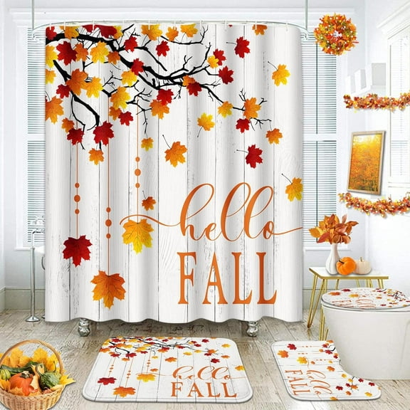 Autumn Leaves Flower Shower Curtain Sets with Toilet Lid Cover and Non-Slip Rugs, Fall Thanksgiving Pumpkin Orange 4 Pcs Shower Curtains for Bathroom, Watercolor Bathroom Decor Accessories Set