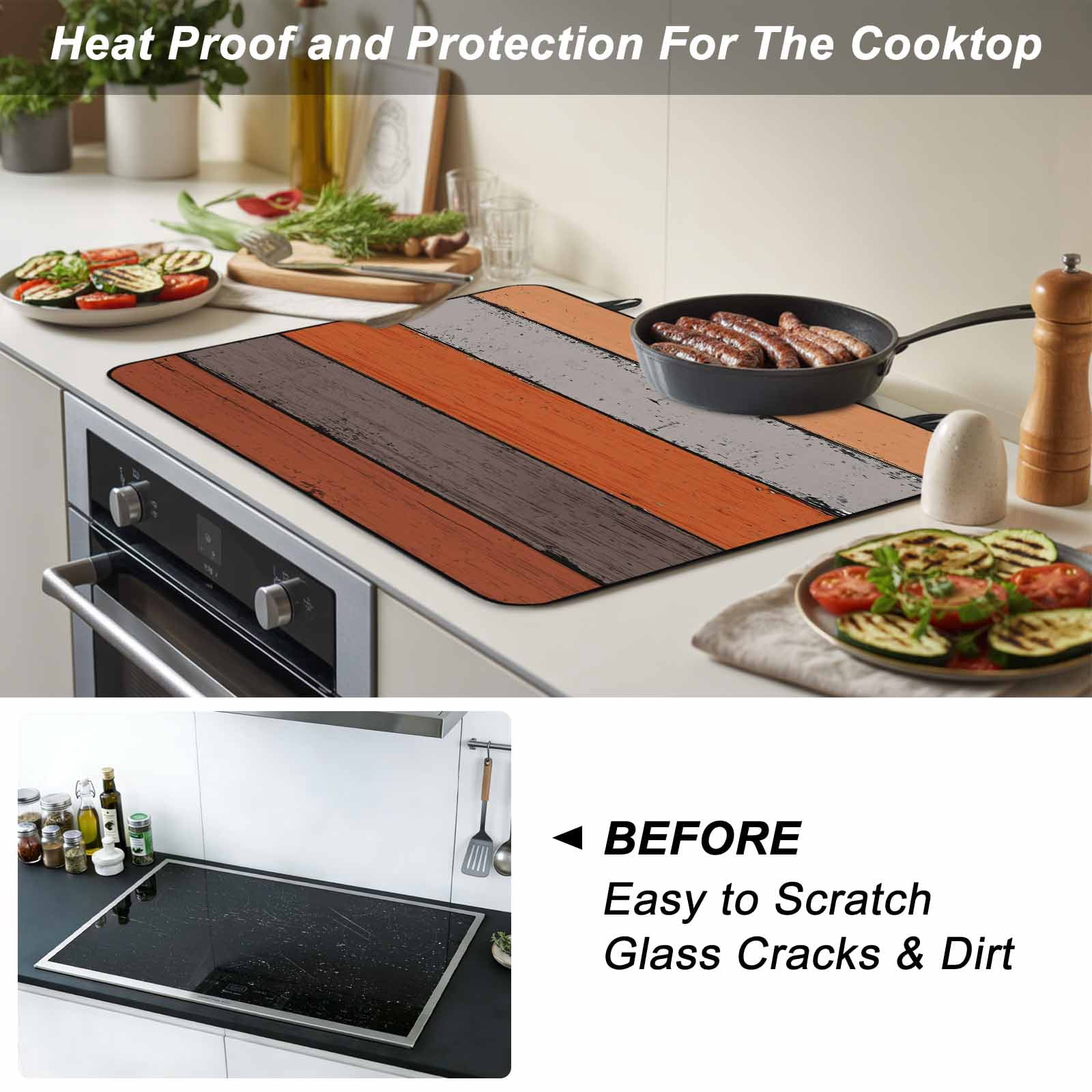 Orange Wooden Stove Top Cover for Electric Stove, Heat-proof & Non Slip Glass Top Stove Cover Protector, Grey Stripe Gradient Country Rustic Grain Kitchen Flat Cooktop Rubber Mat 28.5x20.5 Inches