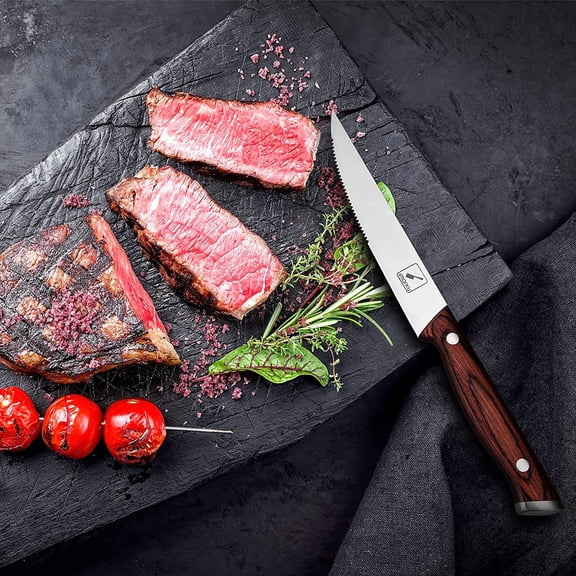 Steak Knives Set of 6 with Magnetic Knife Block and Sharpener, High Carbon Stainless Steel Serrated Edge