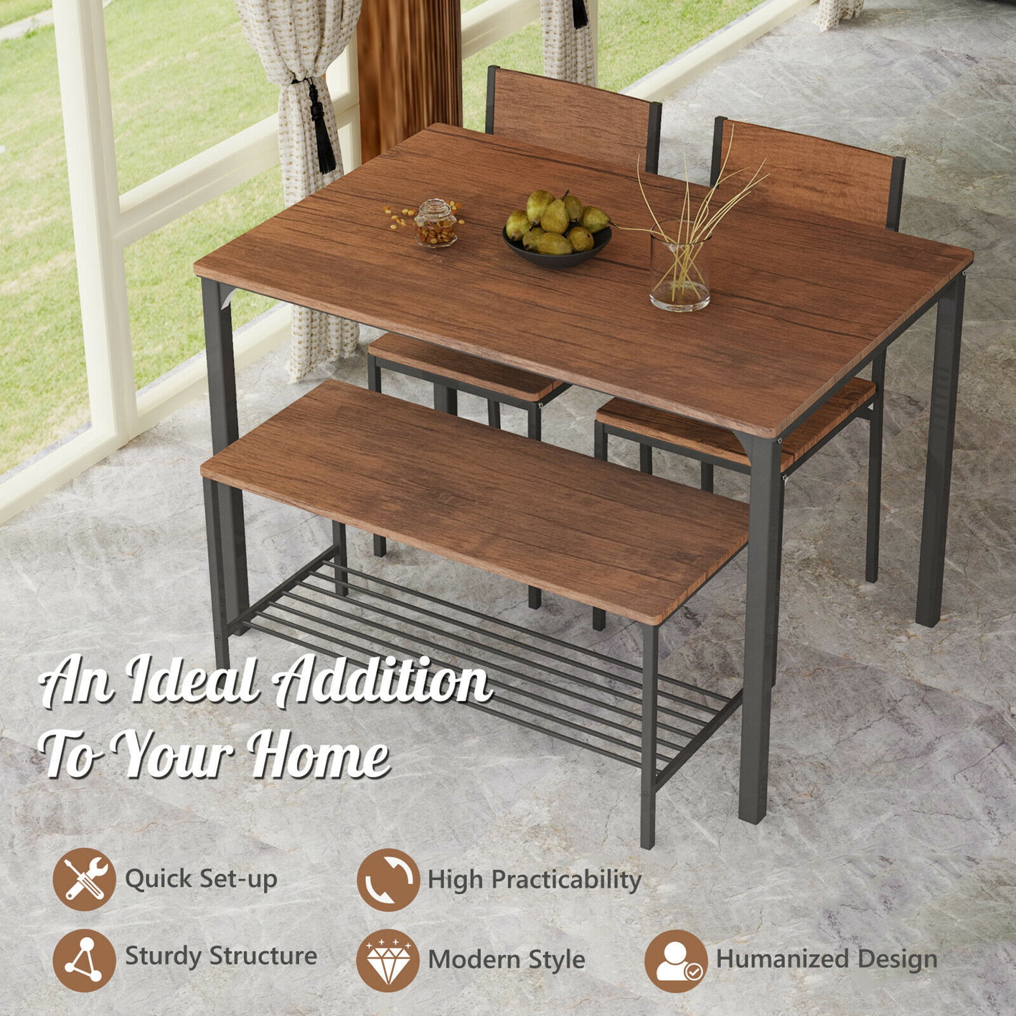 Gymax 4pcs Dining Table Set Rustic Desk 2 Chairs & Bench w/ Storage Rack Brown