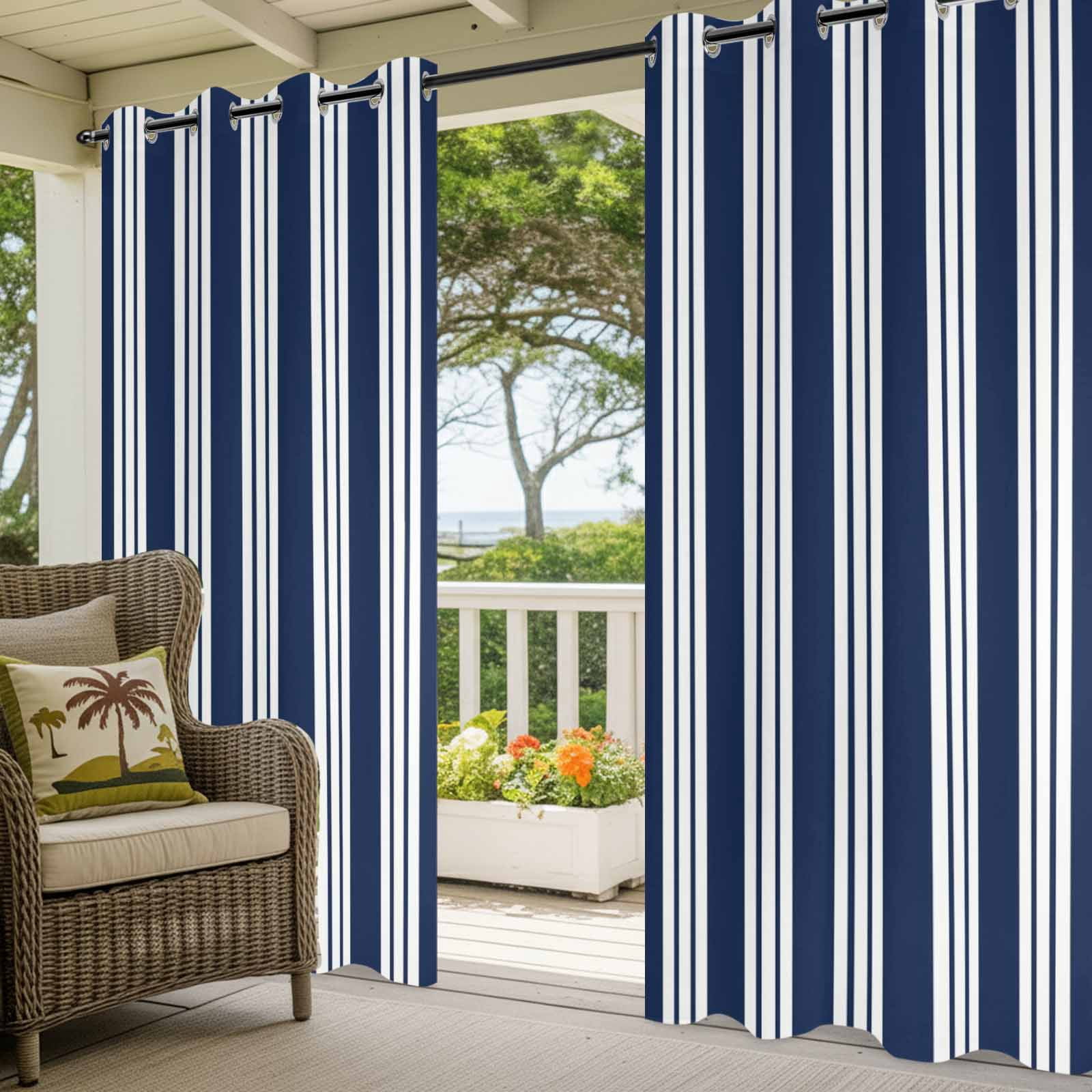 Navy Blue Striped Outdoor Curtains for Patio, Modern Classic Stripes Rustic Country Farmhouse Sunshade Privacy Drapes Grommet Waterproof Outside Curtains for Porch/Cabana/Balcony 54"x 108", 1 Panel