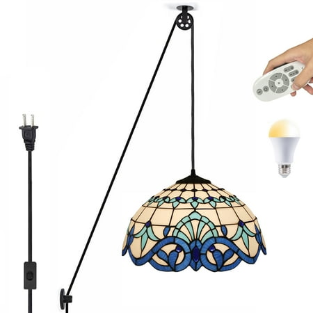 

Kiven Plug in Pendant Light Dimmable Tiffany Style Hanging Light Fixture with Pulley and Remote 1-light