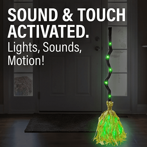 35" Animated Witches Broom Halloween Decor | Moving, Sound/Touch Activated, Light up, Spooky Sounds, Dancing, Compact Auto Swing Scary Prop for ndoor & Outdoor Porch Party Home Decor Holiday Gift