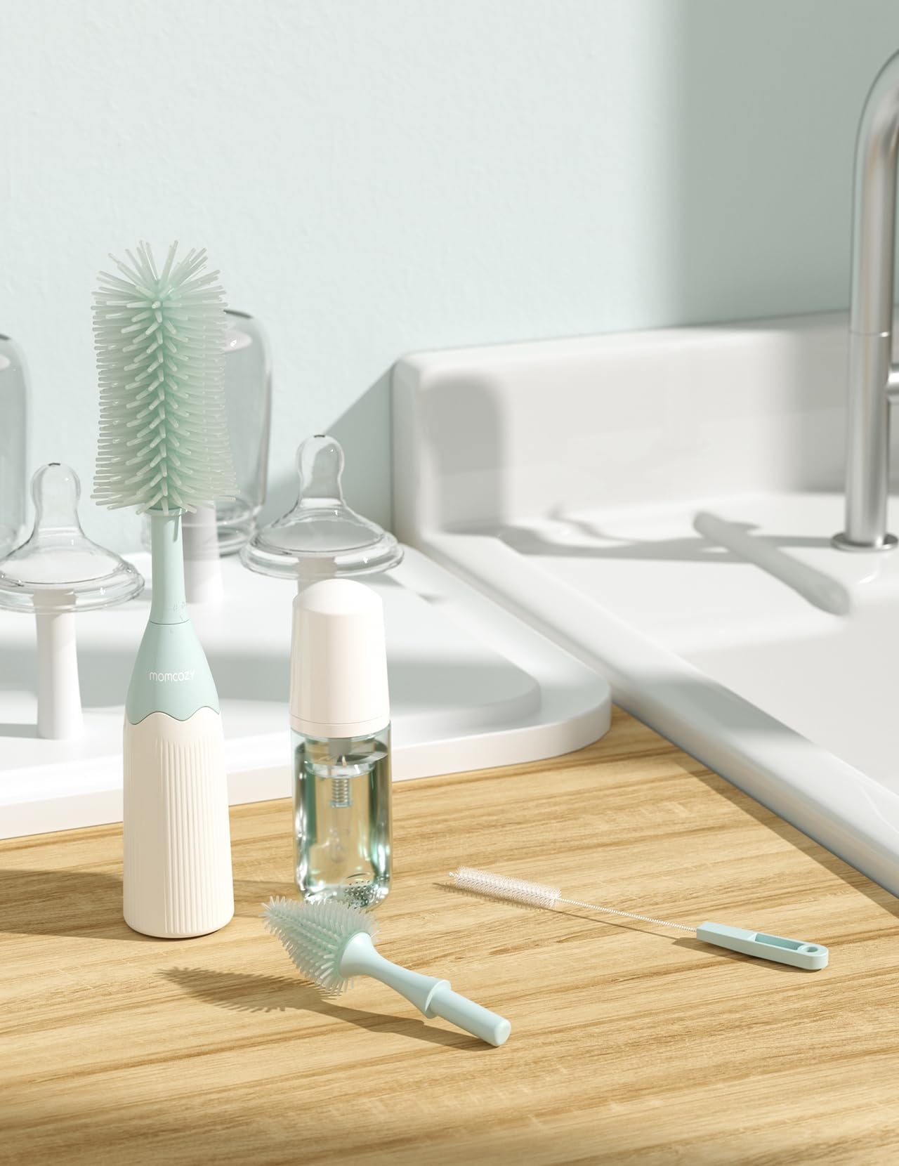 Momcozy Portable Bottle Brush Set - Baby Bottle Cleaner Kit with Silicone Brush, Nipple Brush, Straw Brush, Soap Dispenser, Drying Rack - 6 in 1 Bottle Cleaning Tool for Home and Travel 1 Set Green