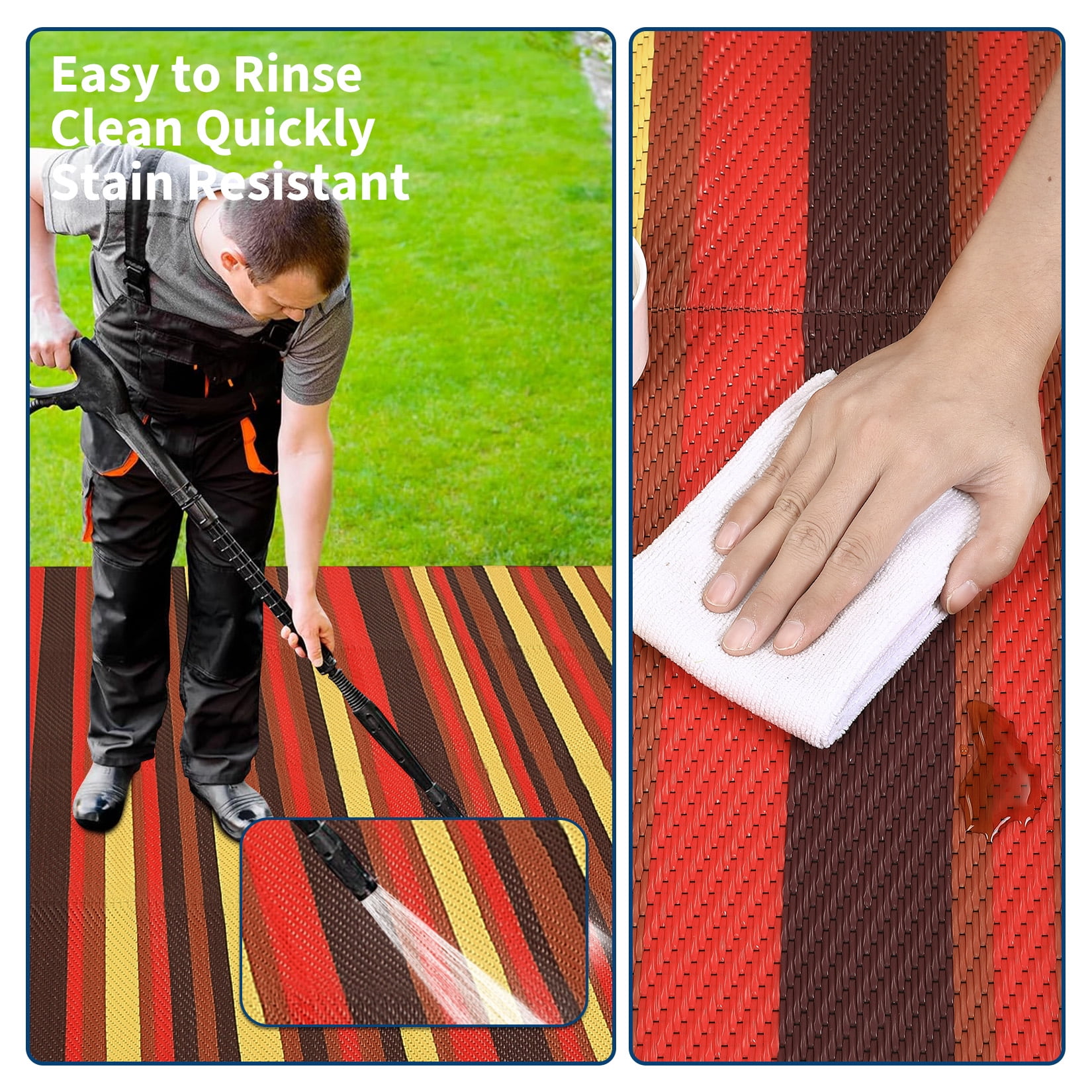 Nanan 8x10 Outdoor Patio Rug, Reversible Waterproof Plastic Straw Patio Rug, Modern Striped RV Camping Mat for Deck, Yard, Garden, Balcony, Poolside, Red/Multi