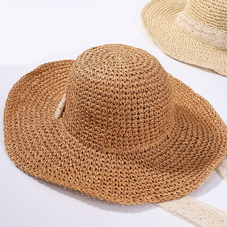 Hevirgo Women Foldable Crochet Knit Straw Lace Tie Large Brim Hat Sun Protection Sunhat, adult Unisex, Size: One size, Beige