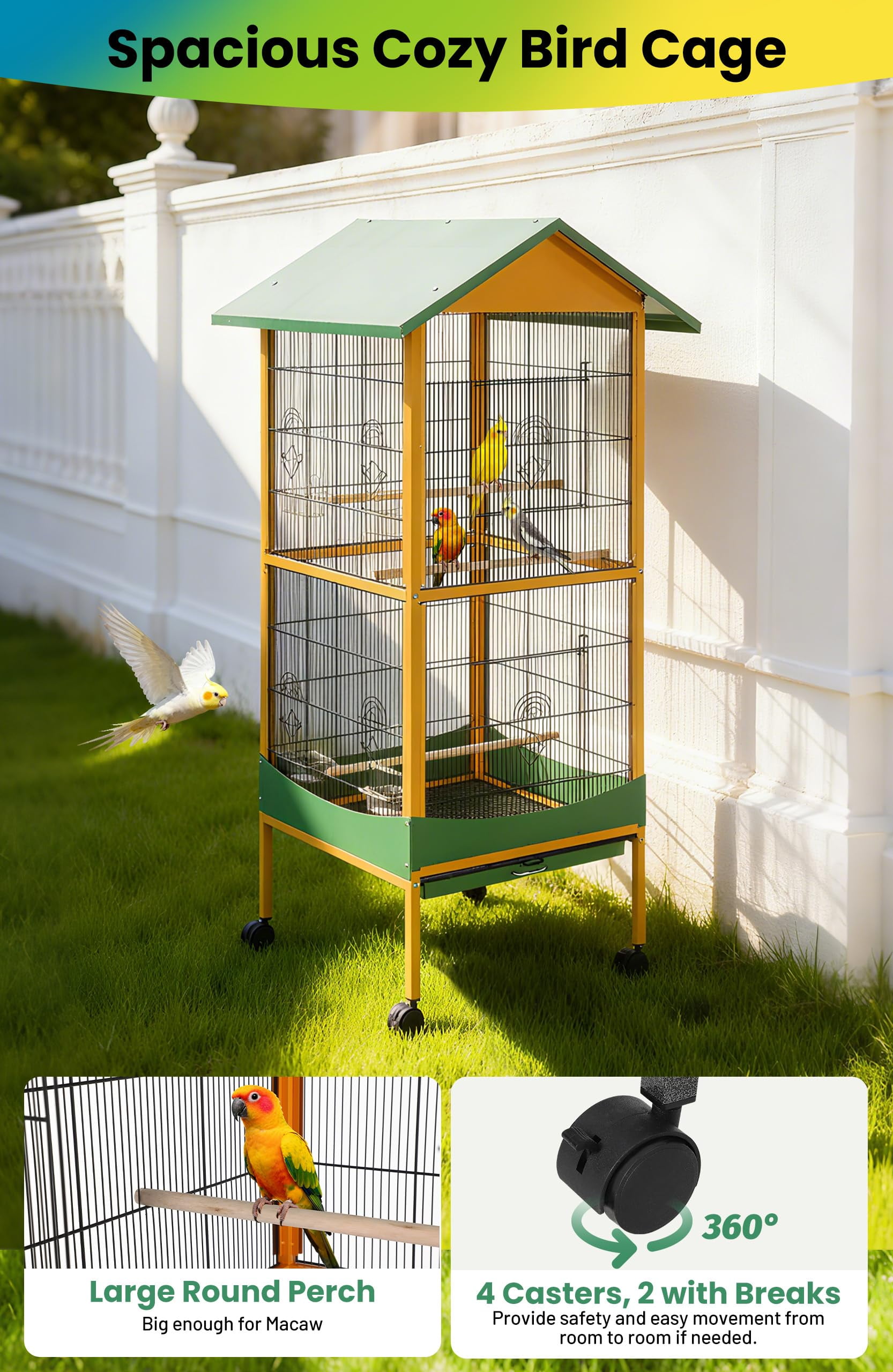 TEQIN 66-Inch Playtop Wrought Iron Large Parrot Bird Cages With Rolling Stand For Cockatiels Parrot Quaker Conure Parakeet Lovebird Finch Canary Small Medium Parrot Cage Birdcage