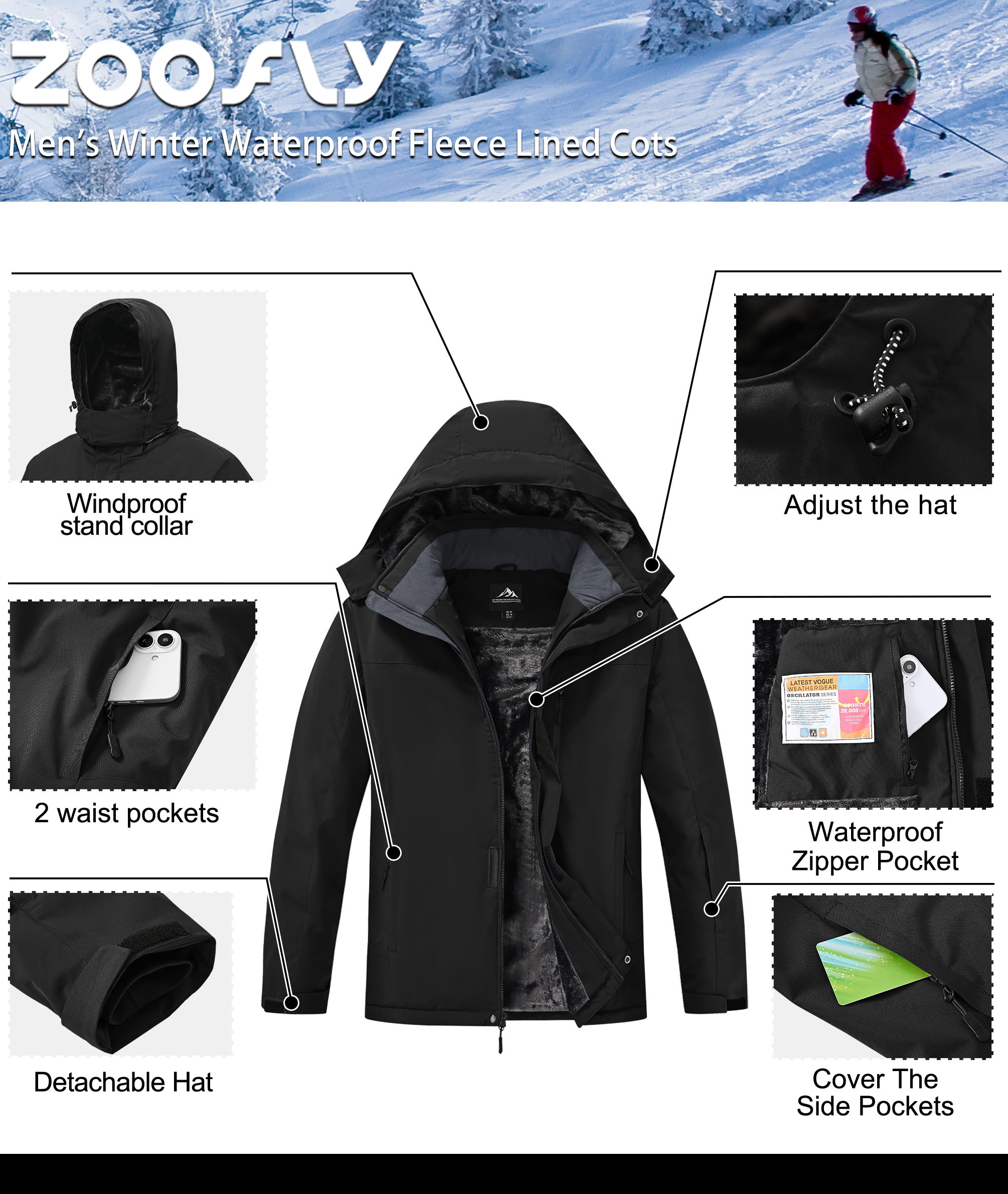 Lavenicole Men's Waterproof Ski Jacket Fleece Lined photo 2
