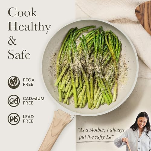 Non Stick Frying Pan Skillet, Omelet Pan, Healthy Non Toxic Granite Chef Pan, Induction Compatible Egg Frying Pan with Heat-Resistant Handle, PFOA-Free, Cream White, 12"