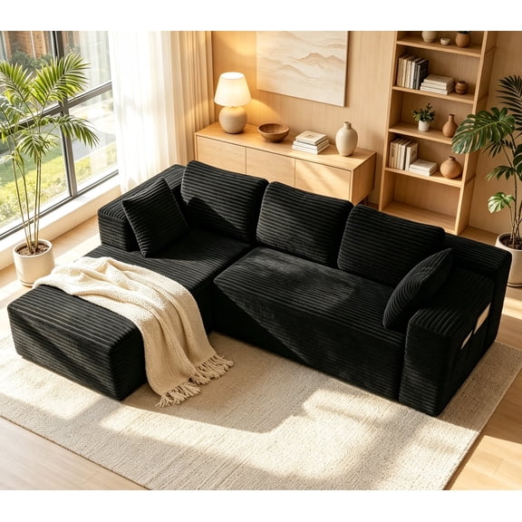 Boneless Couches for Living Room, Lofka 105" L-Shaped Modular Sectional Sofa with Chaise, Corduroy Fluffy Couch with Deep Seat and Side Pockets, Flexible Module Combination, No Assembly, Black