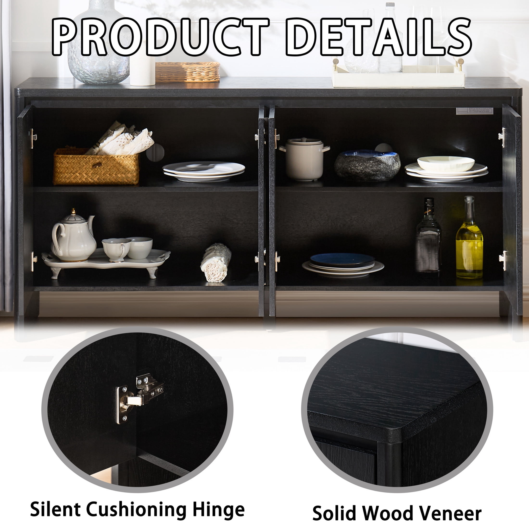 GDF Studio 61.1-Inch Mid-Century Sideboard Buffet Cabinet with Adjustable Shelves, Outlet Holes, Black