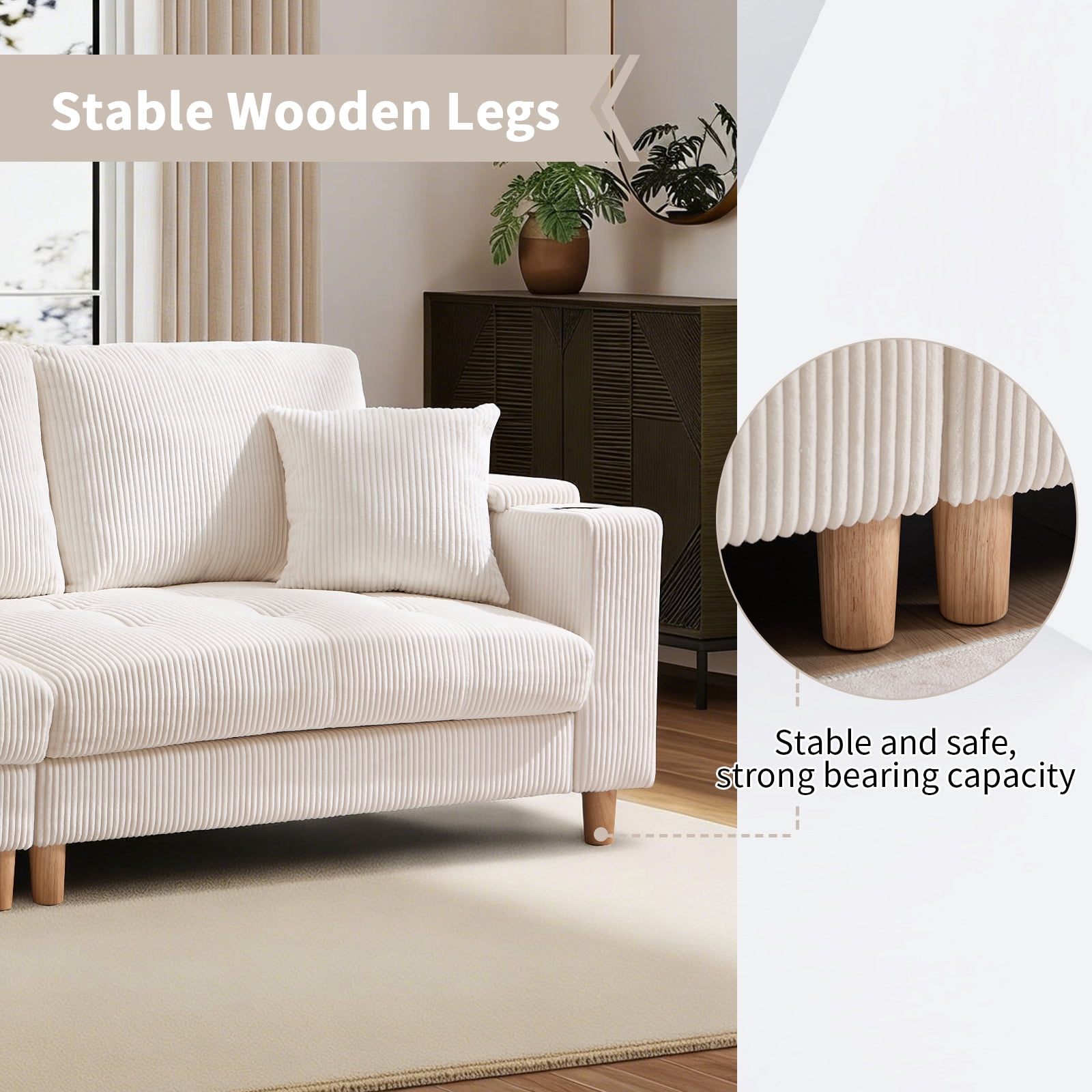 Bonzy Home 100 inch Modern Corduroy 3-Seater Sofa, Oversized Comfy Couch with USB Charging Port, Hidden Storage, Overstuffed Backrest & Throw Pillows, White