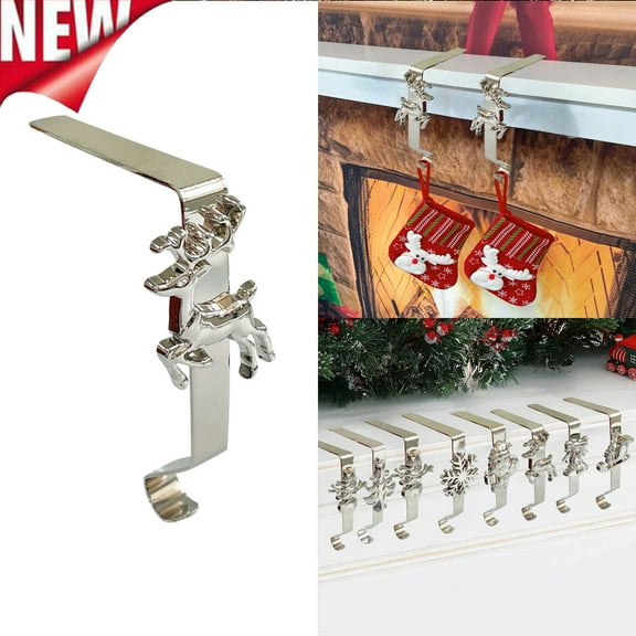 KOYPTL 6 in-Christmas Stockings Holder for Wreaths Pendants,Heavy Reusable Silver No-Damage Xmas Hanger for Fireplace Mantle Grip Stand Christmas Decoration Counter Home Hanging Ornaments-Reindeer