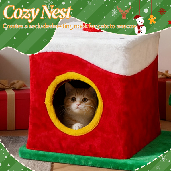 29.5in Christmas-Themed Plush Cat Tree - Compact 5-in-1 Design, for Small Spaces & Indoor Cats