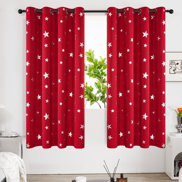 Deconovo Foil Print Star Blackout Curtains in True Red, 52 x 72 inch
