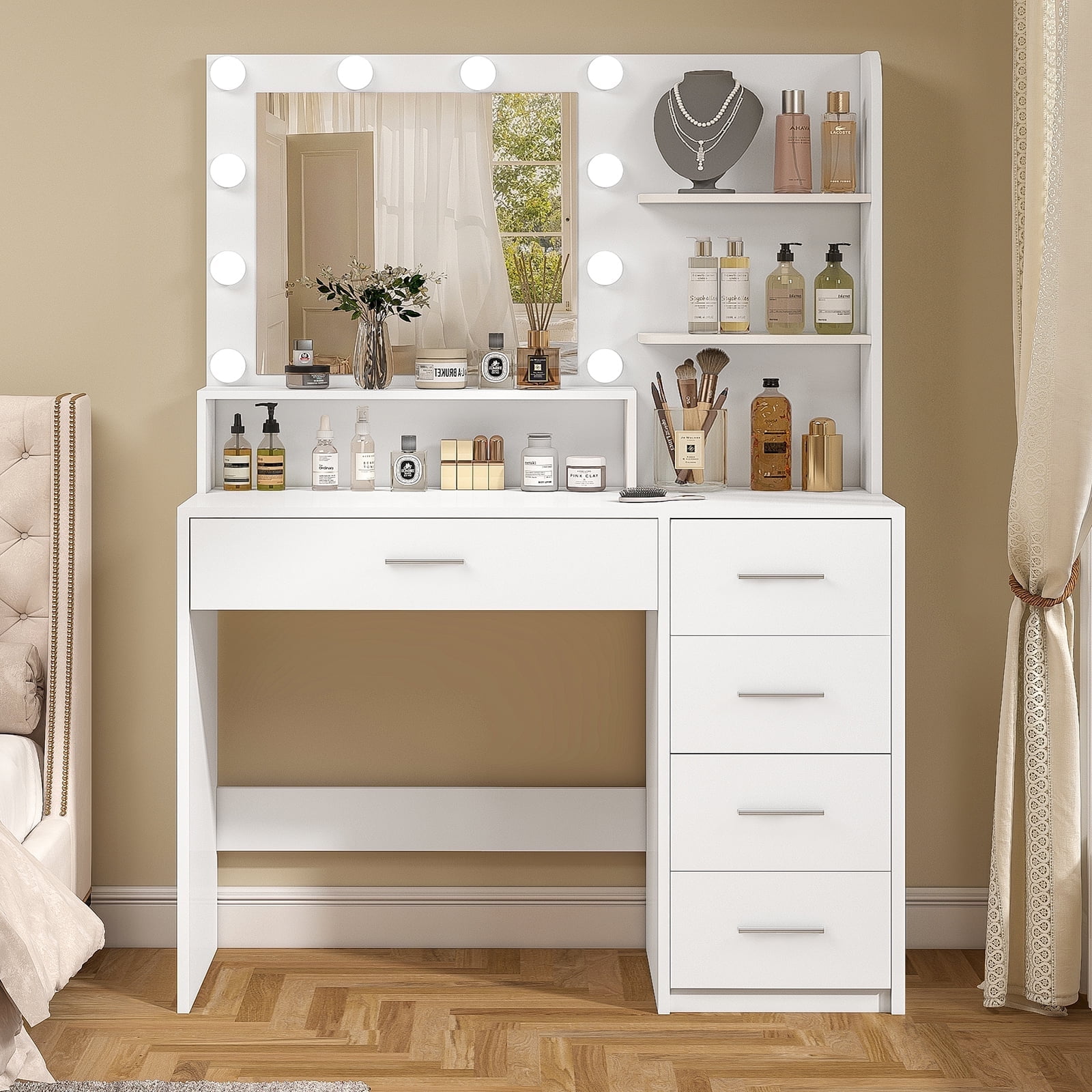 SOMLINE Vanity Set with Mirror, Vanity Desk with 5 Drawers & Storage Shelves, Makeup Vanity , 3 Color Modes & Adjustable Brightness, Bedroom, White