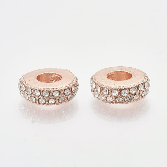 Rose golden Plated Alloy European Beads with Rhinestones Large Hole Beads Flat Round 11x3.5mm Hole: 4.5mm