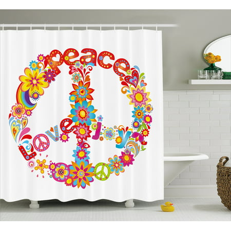 70s Party Decorations Shower Curtain, Peace Sign Colorful Flowers Rainbows Love and Joy Festive Composition, Fabric Bathroom Set with Hooks, 69W X 70L Inches, Multicolor, by Ambesonne