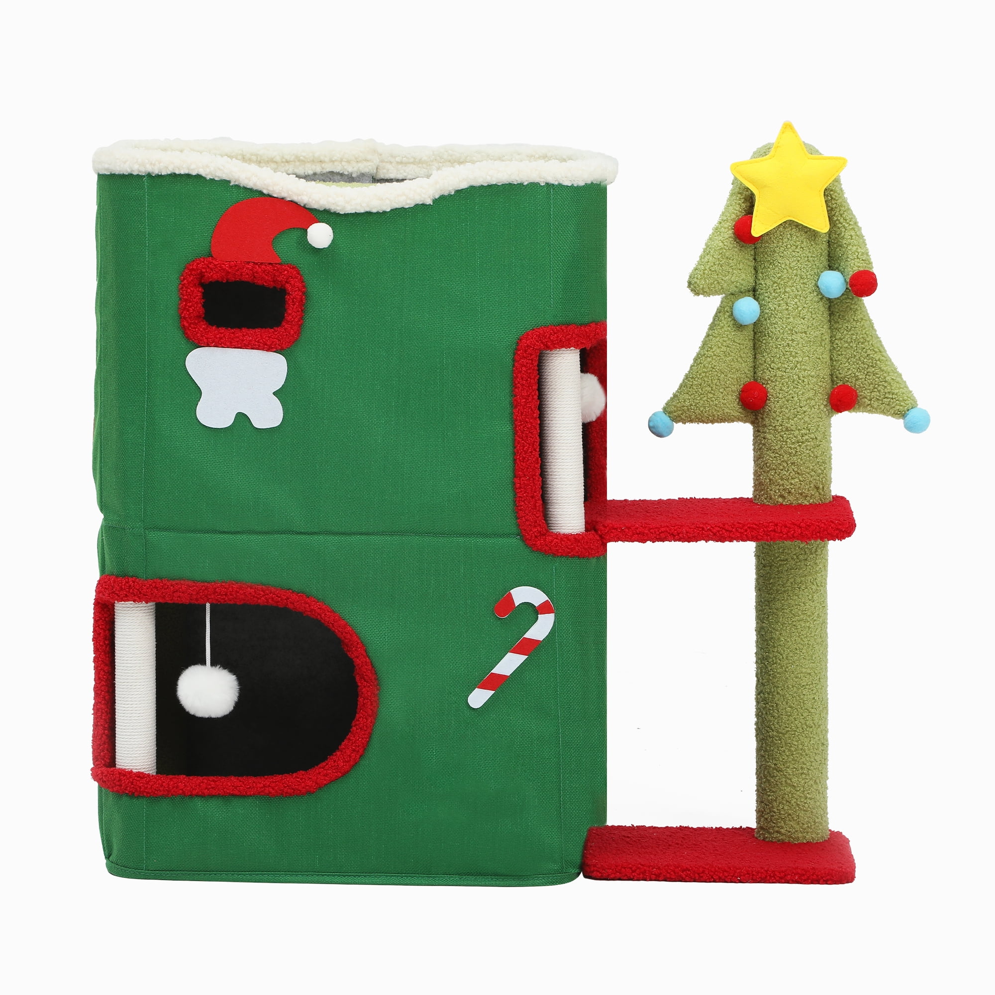 Uforic 2-Level Christmas Cat House, Indoor Cat Play House with Scratching Posts & Hideaway Cave& Hanging Plush Balls, Green