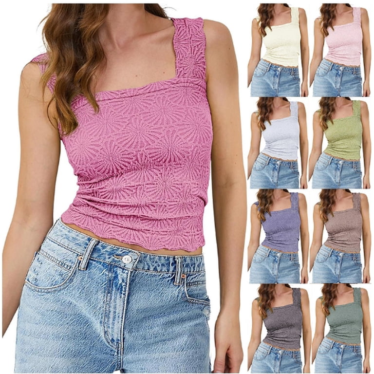 TRENDY VIBEZ Women’s Square Neck Crop Tank Top – Floral Lettuce Trim, Wide Strap, Cute Summer Top