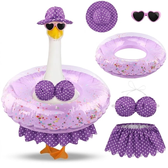 Porch Goose Outfit Set for Large 23" H Statues, Purple Polka Dot Hawaiian Summer Bikini Skirt Hat Sunglasses and Swim Ring Yard Decor